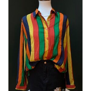 Vintage Patchington Silk Colorful Striped Button Down Shirt Women's Size L